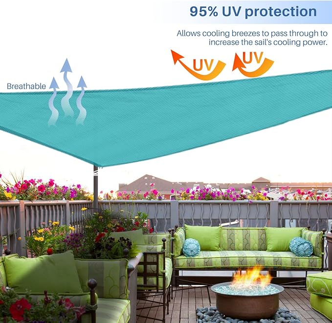 E&K Sunrise 14' x 14' x 14' Sun Shade Sail Triangle Canopy Shade Cover UV Block for Patio Backyard Garden Outdoor (Turquoise)