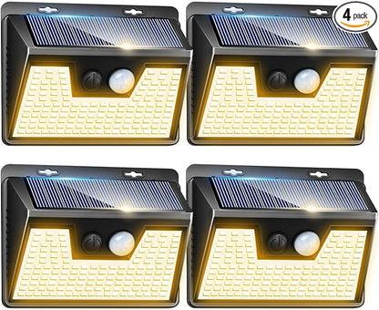 Peasur Solar Lights Outdoor Waterproof, 4Pack 140LED Solar Motion Sensor Wall Lights, 3 Modes Solar Powered Fence Security Lights for Patio Step Deck House Outside(Warm White)