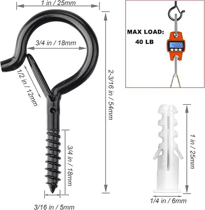 PlusRoc 60 Pack Ceiling Hooks for Hanging Plants Outdoor String Lights Heavy Duty, 2.2 Inch Eye Hook Screw in Cup Hooks Q-Hanger for Patio Lights, Wall Wood Fence Deck Mount(Black)
