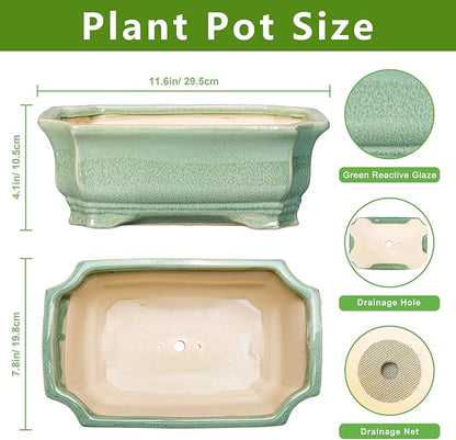 Bonsai Tree Pot 11.6 Inch - Ceramic Succulent Pots, Bonsai Planter for Indoor Outdoor, Decorative Plant Pot with Drainage Hole, Rectangular Flower Pot, Home Garden Decor, Garden Gifts, Green