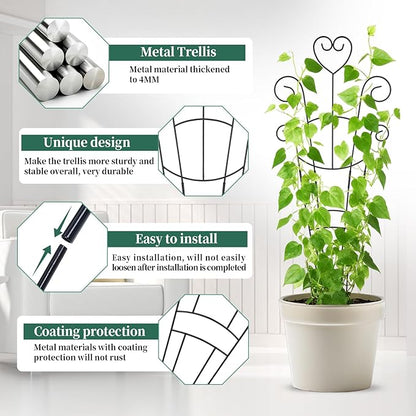 30 Inch Plant Trellis for Climbing Plants Indoor, Outdoor Metal Garden Trellis for Potted Plants, Houseplant Plant Support for Ivy Pothos Monstera Hoya Flower Vine Black Heart (Black-2pcs)