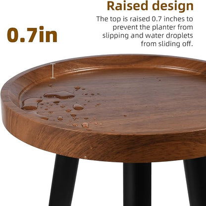 Plant Stand Indoor,Mid Century Walnut Wood Plant Table, Heavy Duty Metal Tall Flower Pot Stand,Modern Round Small Side End Table with Raised Design(12"x17")