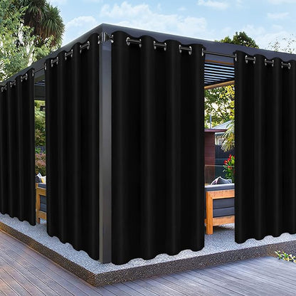 PureFit Outdoor Curtains for Patio Waterproof Weatherproof, UV Resistant Outside Curtains for Gazebo, Front Porch, Pergola, Sun Blocking Privacy Curtain, 52W x 120L inch, 1 Panel, Black