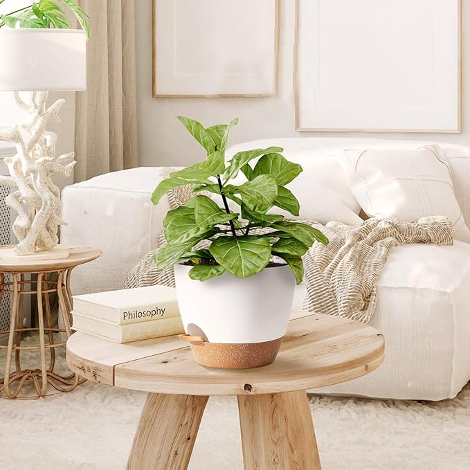 White Self Watering Pots with Drainage Planting Pot for HousePlants Plastic Flower Pots Outdoor Plant Pots Gift Idea Decorative Flower Pots Draining Pots for Indoor Plants