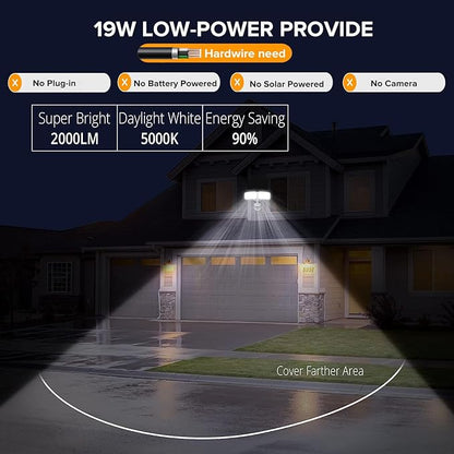 UME 19W LED Security Lights Motion Sensor Light Outdoor, 2000LM Motion Flood Light, 5000K, IP65 Waterproof, 2 Adjustable Head Motion Detector Security Light for Exterior,Outside,Garage,Yard(White)