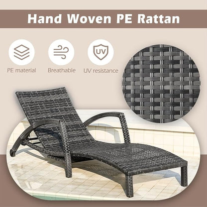 Chaise Lounge Chairs Outdoor Comfy Outside Wicker Patio Pool Lounge Chair w/ 5 Adjustable Back Angle Cup Holder Thicken Cushion (Gray/Khaki, 6 Chairs)
