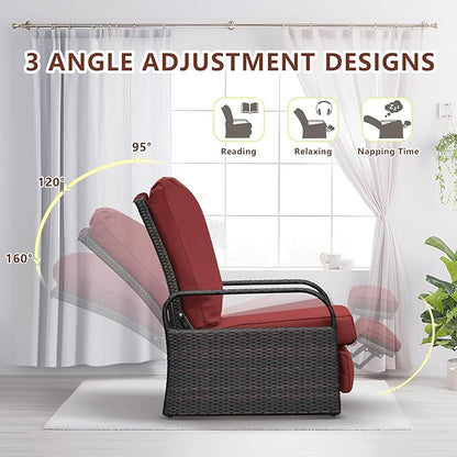 Outdoor Recliner, Outdoor Resin Wicker Patio Recliner Chair with 5.5'' Cushions, Patio Furniture Auto Adjustable Rattan Sofa, UV/Fade/Water/Sweat/Rust Protected, Easy to Assemble (Red)