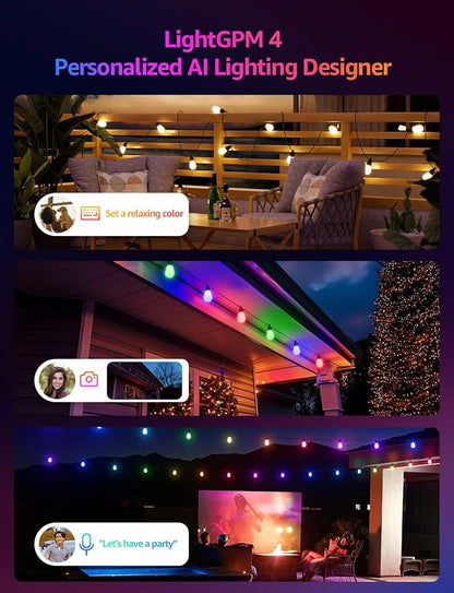 Lepro ZB1 AI Smart Outdoor String Lights APP Control, 54(42+12) ft RGB+IC+Warm White Outdoor Lights 15 LED Bulbs, Alexa Google Home Enable, AI Generated Lighting LLM, NO Remote 2.4 GHz WiFi+Bluetooth