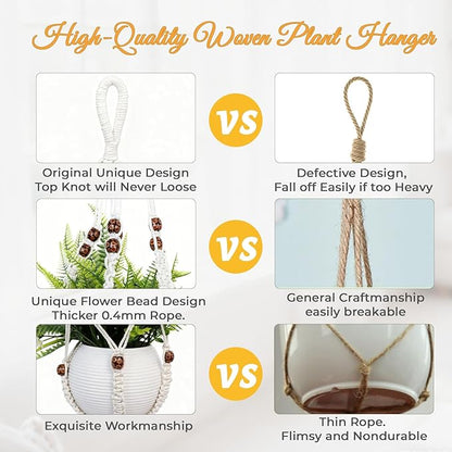 35 Inch Macrame Plant Hanger, Large for up to 15 Inch Pot Extra Long Hanging Planter Holder Basket with Wood Beads for Indoor Outdoor Home Decor (Ivory, 1-Pack)