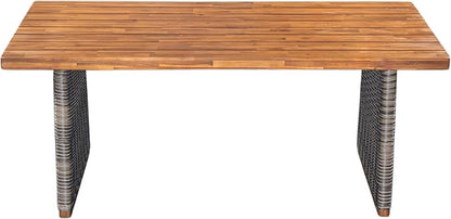 Christopher Knight Home Pasco Acacia Wood Outdoor Dining Table Set for 6, Wicker Patio Dining Set with Acacia Wood Table and Bench, Patio Table and Chair Set with Cushion+Rope Backrest,Black+Teak+Grey