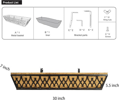 6 Pack 30 Inch Window Boxes Planters Railing Planter Box with Adjustable Brackets for Porch Fence Patio Balcony Hanging Flower Baskets with Coco Liners for Outdoor Garden Decor - Bronze