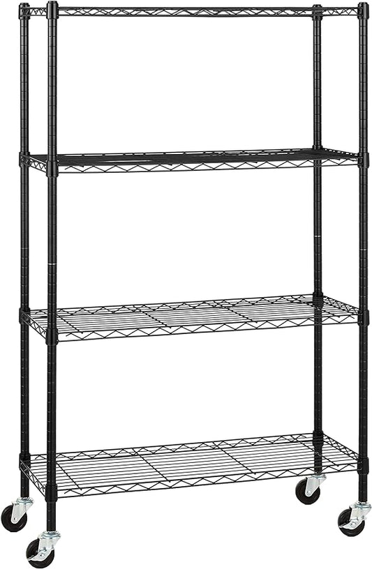 Amazon Basics 4-Shelf Heavy Duty Garage Shelving Storage Unit on 3" Wheel Casters, Adjustable Metal Wire Rack with Leveling Feet, 36" x 14" x 57.75", Black