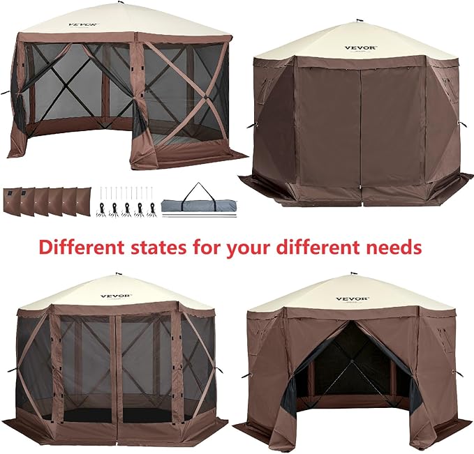 VEVOR Pop Up Gazebo Screen Tent, Pop-Up Instant Gazebo Tents with Mosquito Netting Outdoor Canopy, 6 Sided Sun Shelter 10x10ft with 6 Removable Wind Cloths & 2 Mesh Windows, Pavilion Tent for Patio