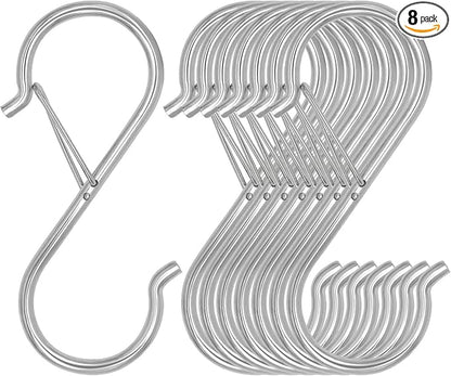8 Pack S Hooks for Hanging, 3.5 inch Heavy Duty S Hooks with Safety Buckle S Shaped Hooks Kitchen Pot Rack Hooks Closet Hooks for Hanging Plants, Clothes, Kitchen Utensil, Bags (Silver)