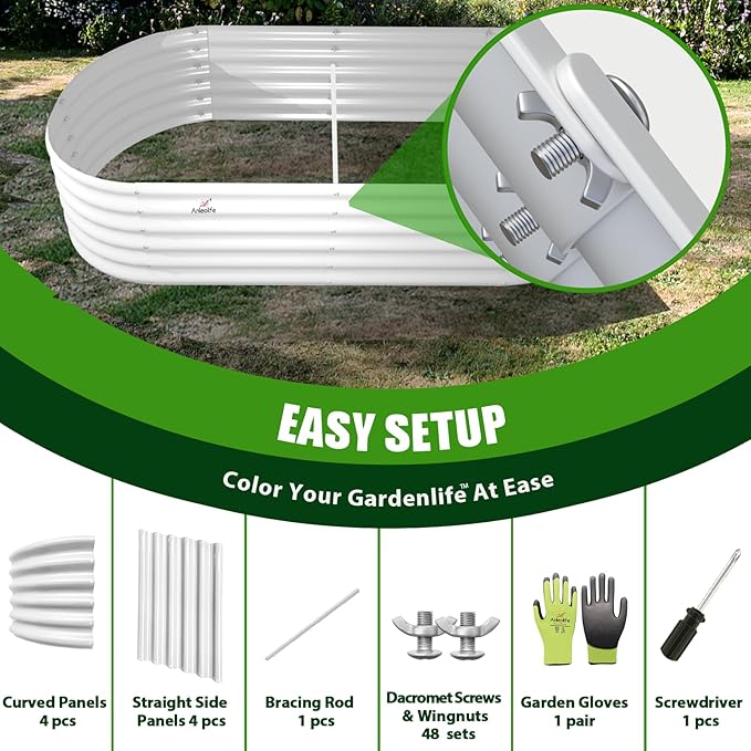 A ANLEOLIFE 6X2X1.5 ft Galvanized Raised Garden Beds Outdoor, Oval Round Metal Planter Box for Planting Vegetables Flowers Herb, Anti-Rust & Easy-Setup, Antique White