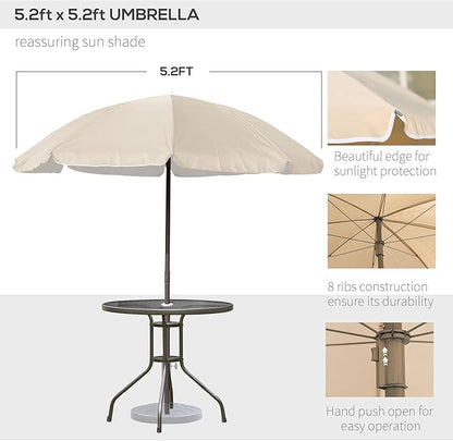 Outsunny 6 Piece Patio Dining Set for 4 with Umbrella, Outdoor Table and Chairs with 4 Folding Dining Chairs & Round Glass Table for Garden, Backyard and Poolside, Beige