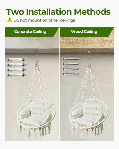 Greenstell Hammock Chair, Macrame Swing Chair with Comfy Cushion, Boho Hanging Chair for Outdoor & Indoor, Perfect for Bedroom, Patio, Balcony, Hold up to 350Lbs, Beige