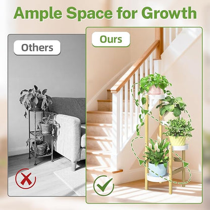 iDavosic.ly 4 Tier Bamboo Plant Stand Indoor Outdoor with Plastic Tray, Tiered Corner Flower Holder Shelf, Space Saving Orchid Display Rack for Patio Porch Living Room Garden Balcony, Natural White