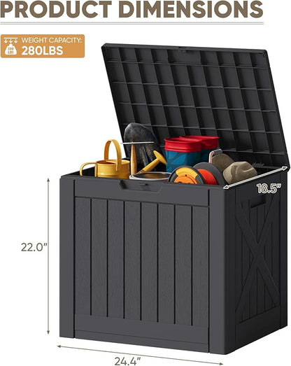 JUMMICO 42 Gallon Deck Box Waterproof, Resin Outdoor Storage Box with Side Handles, Outdoor Storage Benches Lockable for Patio Cushions and Garden Tools (Black)