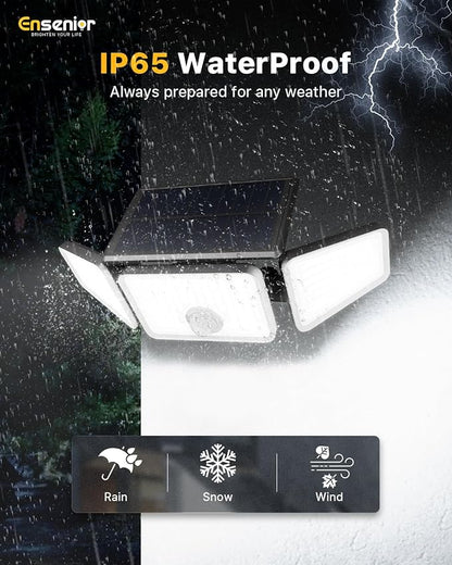 Ensenior Solar Lights Outdoor Motion Sensor, 2600LM 220 LED High Brightness, 3 Head 270° Wide Angle Flood Lights, Remote Control Security Lights 4 Modes, IP65 Waterproof Wireless Wall Light, 4 Pack