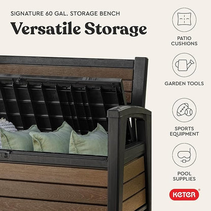 Keter Signature 60 Gallon Storage Bench Deck Box for Patio Furniture, Front Porch Decor and Outdoor Seating – Perfect to Store Garden Tools, Walnut