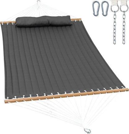 2 Person Hammocks for Outside, Double Quilted Fabric Outdoor Hammock with Spreader Bar, Large Removable Pillow, Storage Pockets, Carabiners, Max 475 lbs Capacity (Dark Grey)