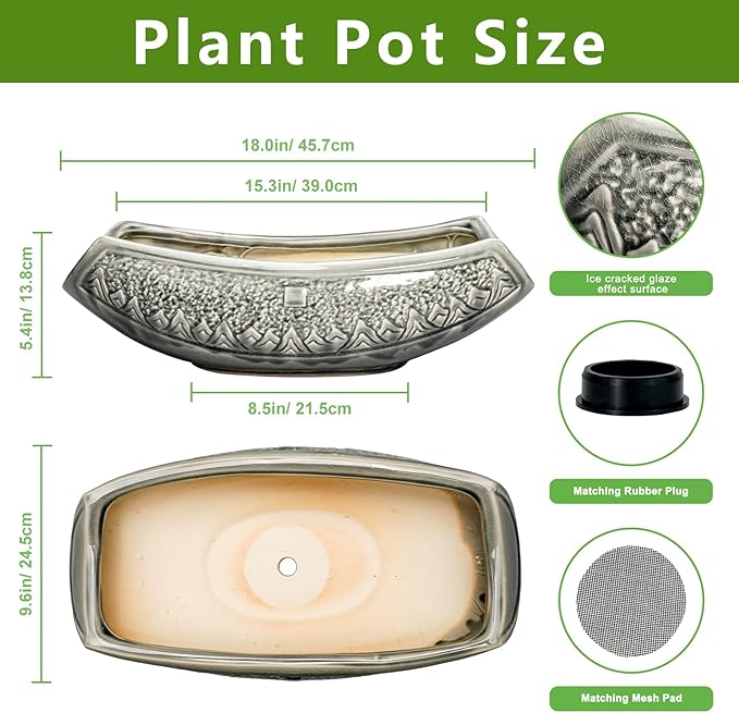 Bonsai Pots 18 Inch - Ceramic Succulent Pots, Large Bonsai Planter for Indoor Outdoor Plants, Decorative Plant Pot with Drainage Hole, Ceramic Flower Pot, House Decor, Plant Lover Gifts, Grey