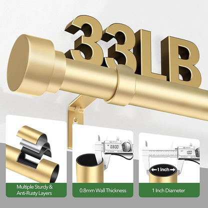 Time Forest Curtain Rods for Windows 28 to 48, 1 Inch Adjustable Gold Heavy Duty Long Window Curtain Rod for Bedoom Living Room, Modern Drapery Rods with Simple End Caps, Size 32"-60"