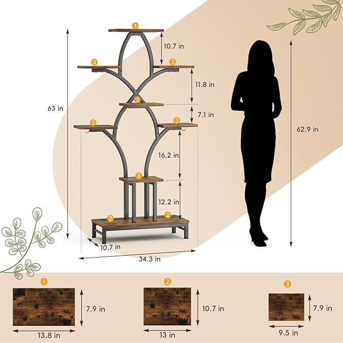 Plant Stand Indoor with 4 Grow Lights - 63" Tall Plant Shelf- 8 Tiered Corner Plant Flower Stands Display Shelves for Home, Patio (Brown)