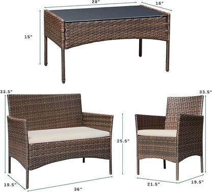 Greesum Patio Furniture 4 Pieces Conversation Sets Outdoor Wicker Rattan Chairs Garden Backyard Balcony Porch Poolside loveseat with Soft Cushion and Glass Table, Brown and Beige