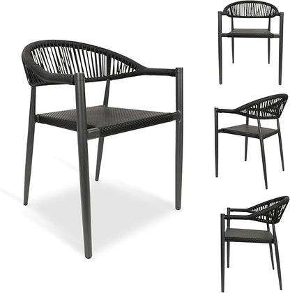 4 Pcs Stackable Patio Dining Chairs, Aluminum Rattan Outdoor Dining Chair with Arms, Woven Rope Garden Armchair Metal No Assembly for Bistro Balcony Porch Deck Yard Cafe Restaurant, Black