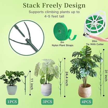 6 Pack Stackable Plant Support Stakes, 43inch Climbing Plant Sticks Structures for Monstera with Garden Ties, Durable Alternative to Moss Pole for Indoor Outdoor Plants