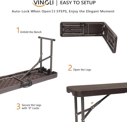 VINGLI 6 feet Plastic Folding Bench,Portable in/Outdoor Picnic Party Camping Dining Seat, Garden Soccer Multipurpose Entertaining Activities, Rattan Patterned HDPE Tabletop, 2 Pack, Brown