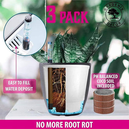 GARDENIX DECOR 7'' Self Watering planters for Indoor Plants - with Water Level Indicator for Flower Pot , Grow Tracking Tool - Coco Coir - Gray 3 Pack
