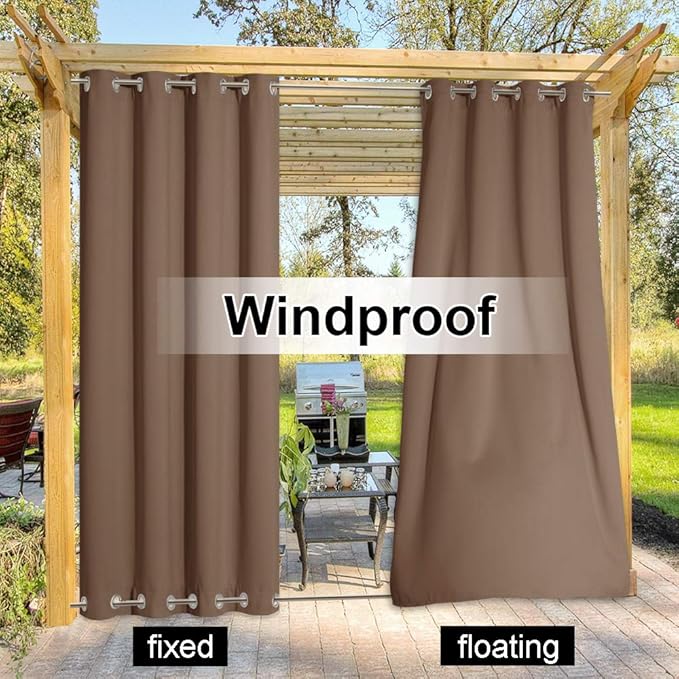 NICETOWN Outdoor Patio Curtain Windproof and Waterproof, Grommet Top & Bottom Wind-Break Thermal Insulated Blackout Extra Wide Weighted Blind for Gazebo/Front Porch, Tan, 1-Pack, W100 x L120