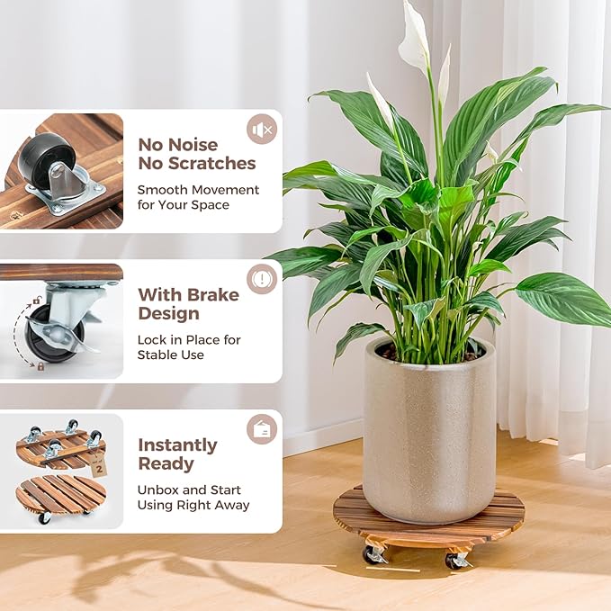 Bamworld Plant Stand Outdoor Rolling Tray Plant Caddy with Wheels 12in Plant Caster with Wheels Planter Caddy Flower Cart Plant Dolly for Heavy Duty Large Plants Plant Rollers (2 Pack )