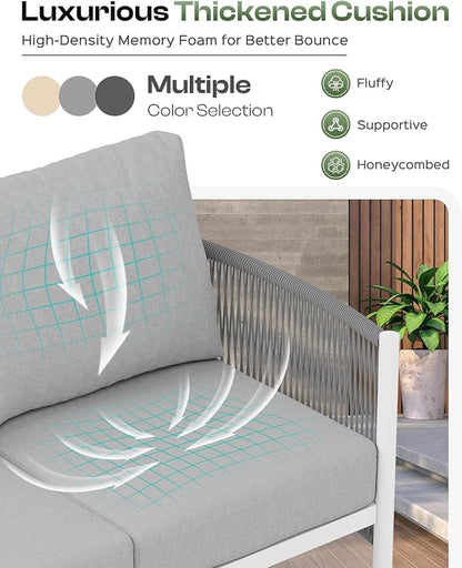 Aluminum Outdoor Sofa Armchair, HDPE Rope Patio Couch with Washable Thick Cushion, All-Weather Outdoor Patio Chairs Set of 2 for Balcony, Yard, White Frame, White