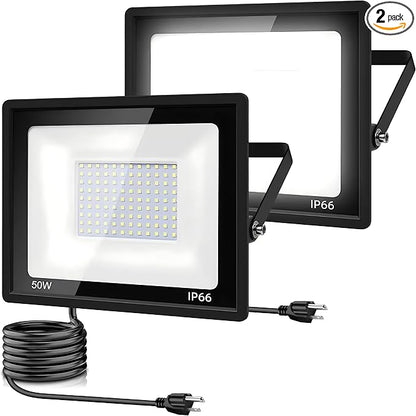 2Pack LED Flood Light Outdoor,50W LED Work Light 5500lm with 6FT US Plug,IP66 Waterproof Exterior Security Lights,6000K Daylight White Outside Floodlights Slim Design for Playground Yard