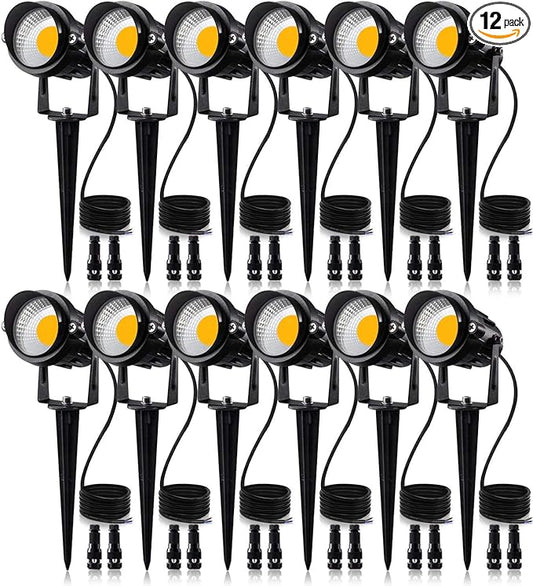 SUNVIE 12W Low Voltage LED Landscape Lights with Connectors, Outdoor 12V Super Warm White (900LM) Waterproof Garden Pathway Lights Wall Tree Flag Spotlights with Spike Stand (12 Pack with Connector)