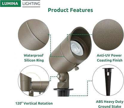 Lumina Lighting® 4W Landscape Lighting 12V Landscape Lights Low Voltage Landscape Spotlights Warm White Waterproof Outdoor Replaceable LED Bulb for Garden, Lawn, Porch, Patio and Yard(Bronze, 2-Pack)