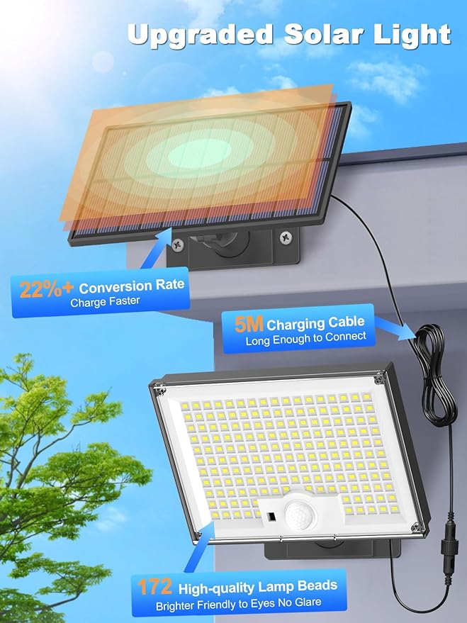 Solar Lights Outdoor Waterproof IP65, 172LED 9000K 3Modes Split Solar Motion Sensor Light Outdoor with Remote, Dusk to Dawn Solar Flood Lights outdoor for Yard,Patio,Garden,2 Pack (Warm White)