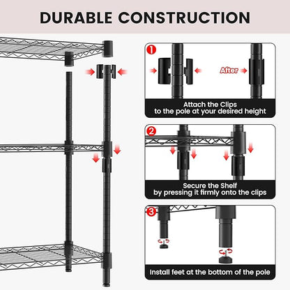 Xcity Storage Shelves, 5 Tier Heavy Duty Metal Shelving Unit, 2000 LBS Capacity Adjustable Steel Wire Shelf Organizer for Pantry, Kitchen, Garage, 14" D x 30" W x 60" H, Black
