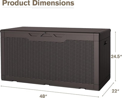 JUMMICO 100 Gallon Resin Deck Box, Waterproof Outdoor Storage Box with Lockable Lid for Garden Tools, Patio Cushions (Brown)