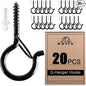 ADIIL 20 PCS Q Hanger Hooks with Safety Buckle, Windproof Screw Hooks for Hanging Outdoor String Lights, Plants, Christmas Patio Lights, 2.2 Inches, Black
