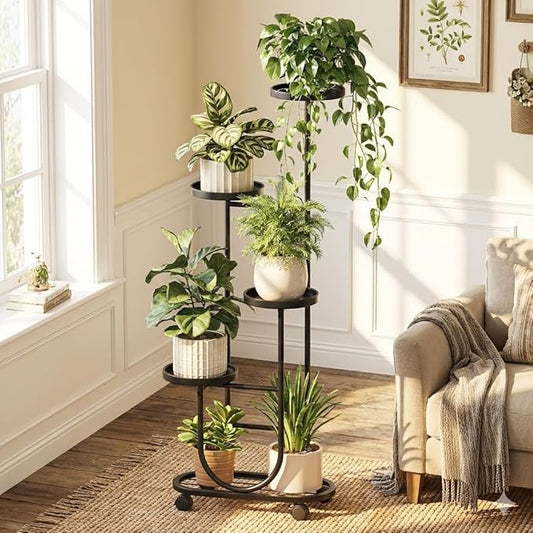 Bamworld Tall Plant Stand Indoor Outdoor Plant Stand with Wheels Heavy Duty Metal Plant Shelf for Multiple Plants Flower Stands for Patio Corner Garden Living Room Balcony, Black