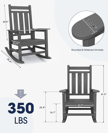 KINGYES Oversized Outdoor Rocking Chair Set of 2, All-Weather Patio Rocking Chairs for Porch, HDPE Outdoor Patio Rockers with High Back & Wide Seat for Garden, Lawn, Gray