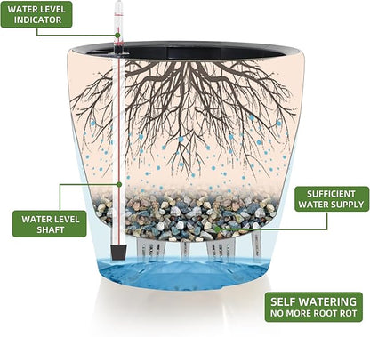 Dexceder 11x10 Inches Self Watering Planter Indoor Outdoor, Inner Pot Design, Thickened Table Flower Plant Pot with Water Level Indicator (Grayish Green Gradient)