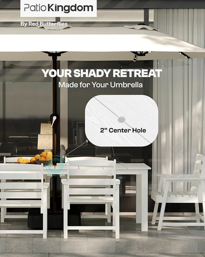 White 9-Piece Outdoor Dining Set with Beige 11FT Cantilever Umbrella, 75.2'' HDPE Table & Chairs for 8, Weather-Resistant Furniture with Umbrella Hole for Patio, Lawn, Poolside