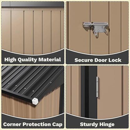 Greesum 8×6FT Outdoor Storage Shed, Metal Patio Storaged Sheds with Lockable Doors, Sheds & Outdoor Storage for Bike, Backyard, Pool and Garden, Brown
