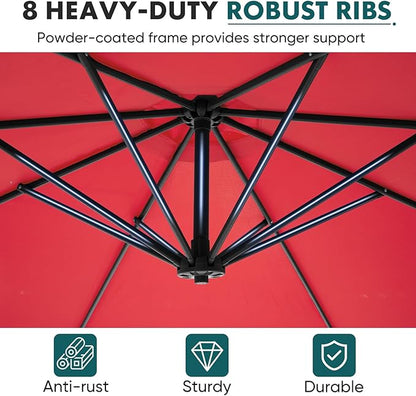 OLIXIS 9.7FT Offset Patio Umbrella with Base, Cantilever Table Umbrellas for Outdoor Sun Shade UV Protection with Easy Tilt Adjustment, 8 Ribs for Backyard, Lawn, Garden, Pool - Red